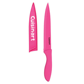 Cuisinart Pink 8in chef knife blade closeup for precise slicing.