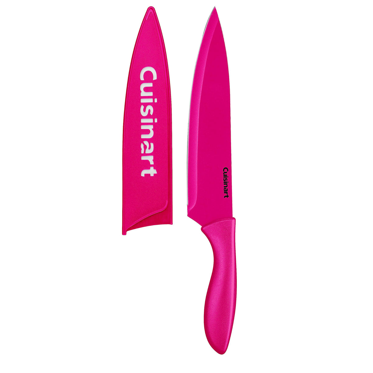 Cuisinart Pink knife set handle closeup showing comfortable grips and safety guards.