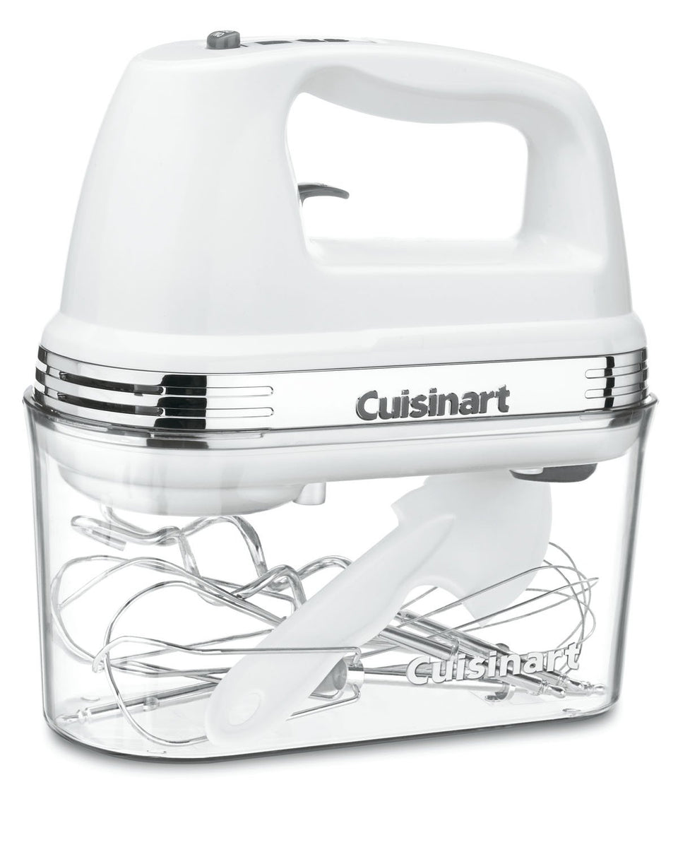 Cuisinart Power Advantage Plus hand mixer front view with compact storage design.