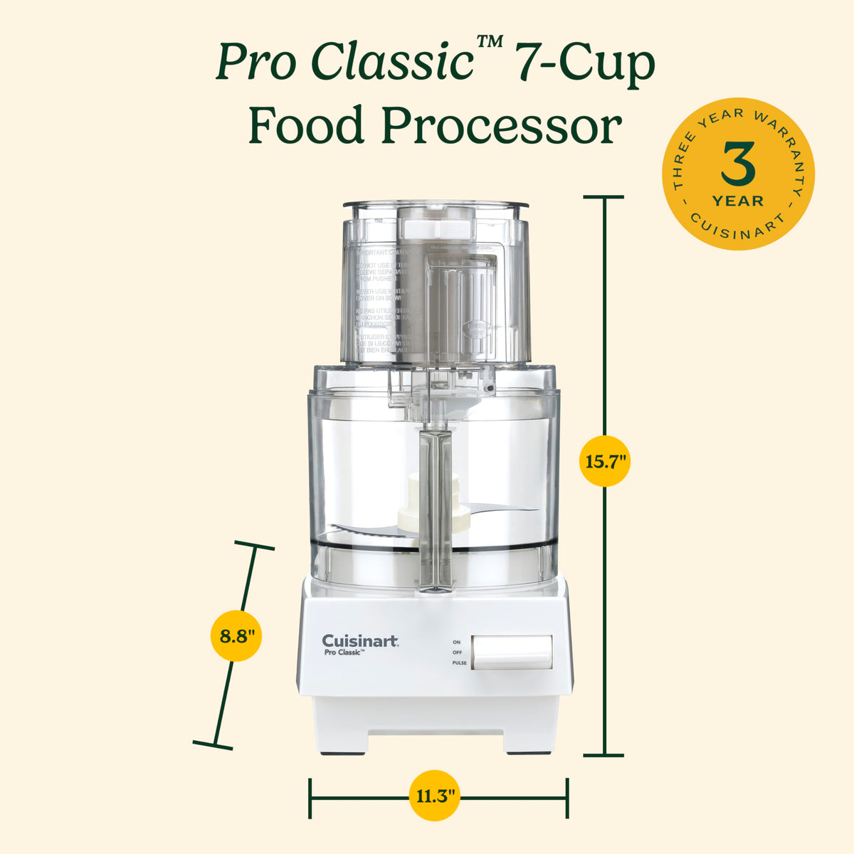 Cuisinart Pro Classic large feed tube accommodates whole produce for faster prep.