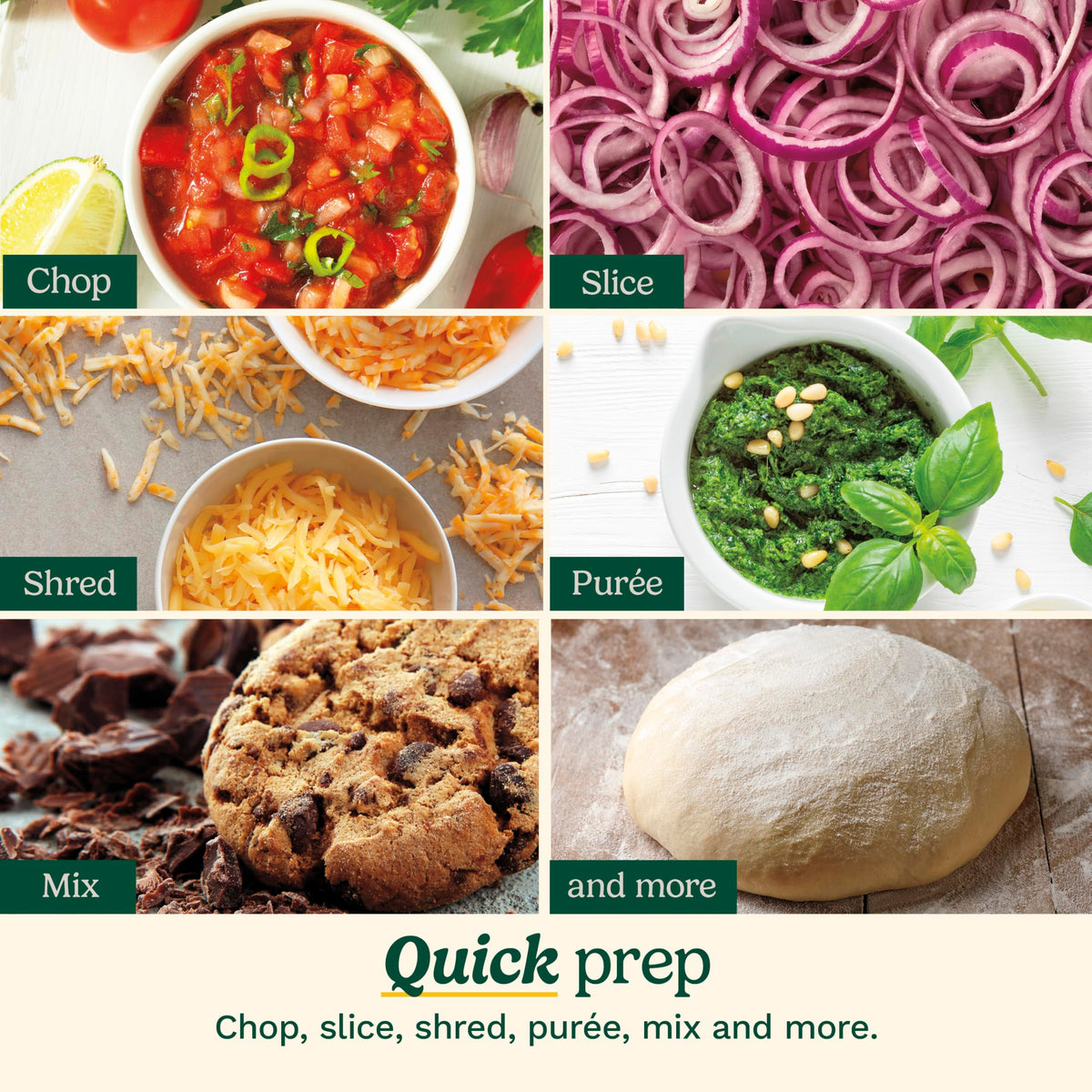 Shredding disc enables cheese and topping prep with ease.