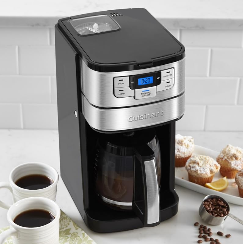 Cuisinart programmable controls display 24-hour brew feature for morning coffee.