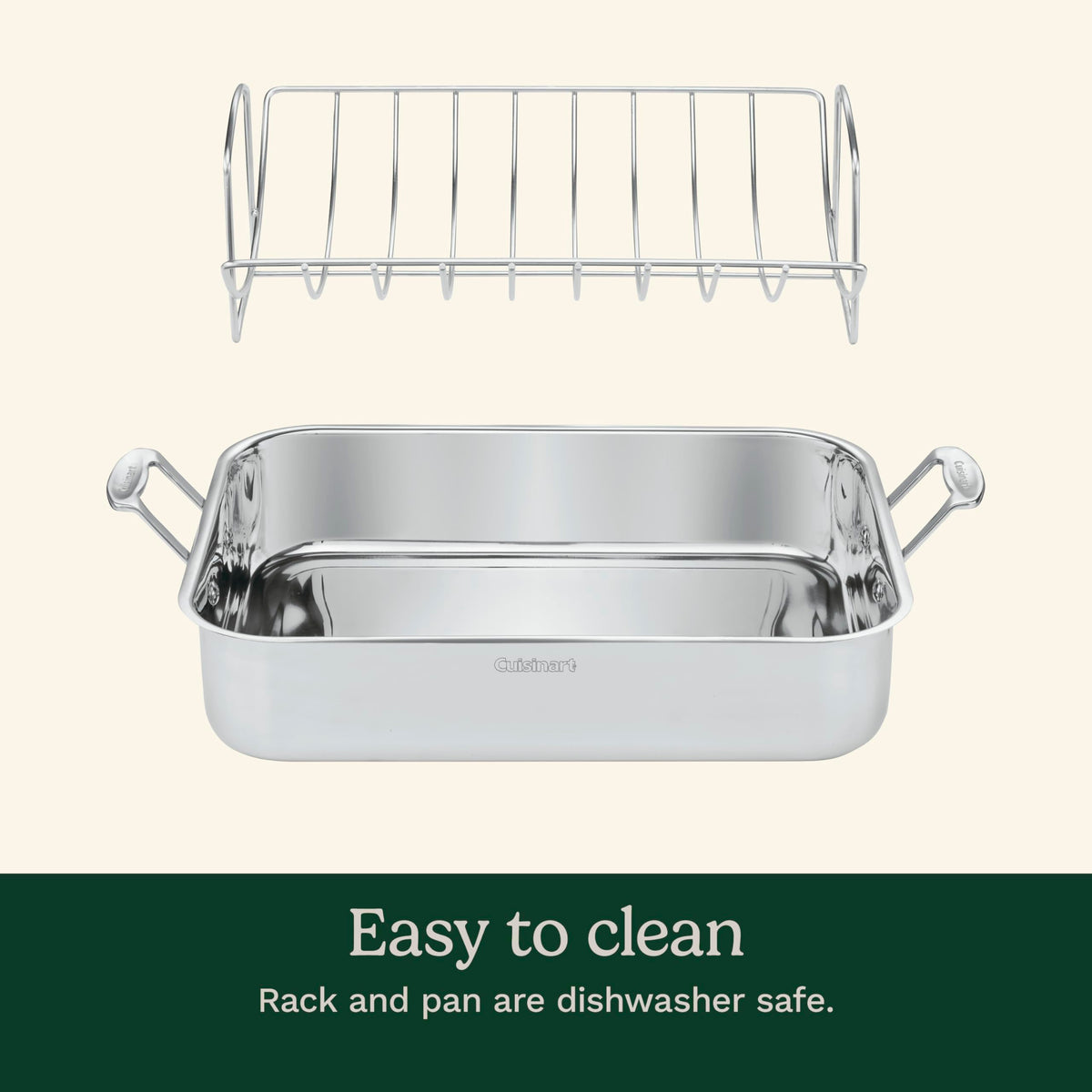 Cuisinart rectangular roasting pan interior with rack for even heat circulation