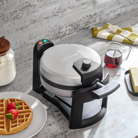 Cuisinart Round Flip Belgian Waffle Maker drip tray and batter cup for mess-free setup