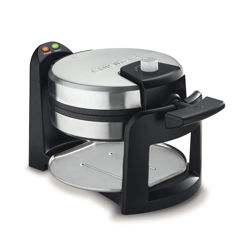Cuisinart Round Flip Belgian Waffle Maker top view highlighting durable stainless steel housing