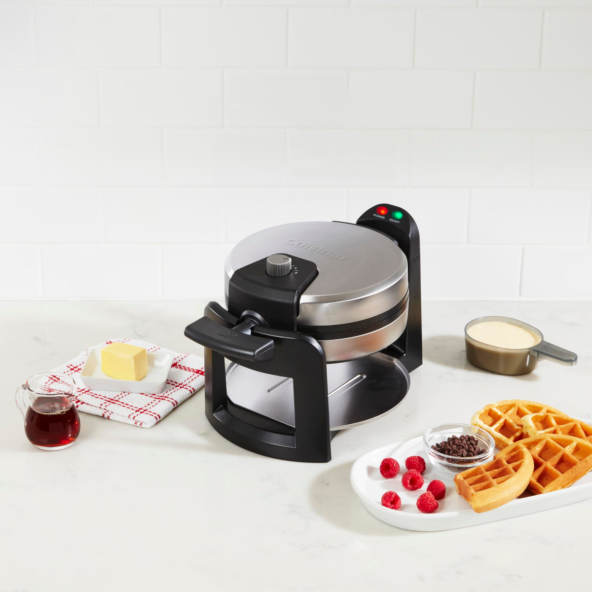 Cuisinart Round Flip Belgian Waffle Maker waffles plated for serving convenience