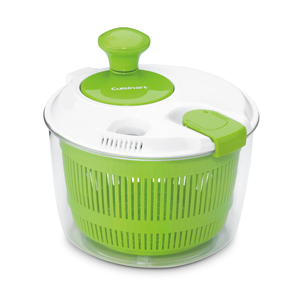 Cuisinart salad spinner top view showing compact 3-quart design for quick greens prep.