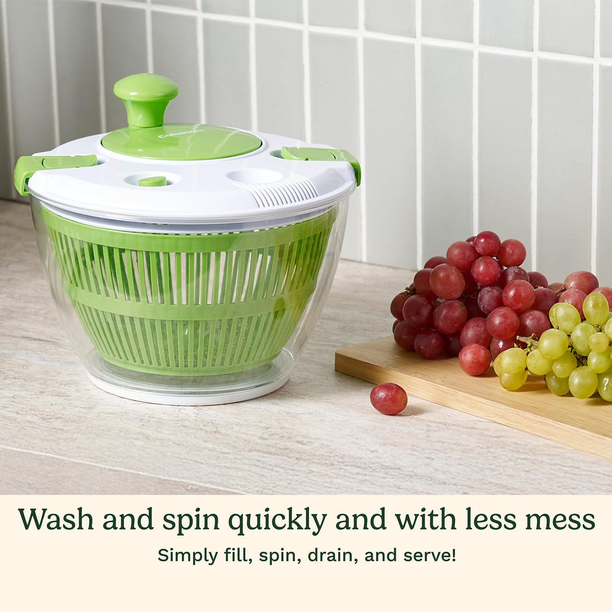 Cuisinart salad spinner water drain opening enabling effortless rinsing without lid removal.