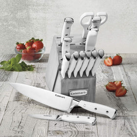 Cuisinart sharpening steel beside block demonstrates easy knife maintenance and care.