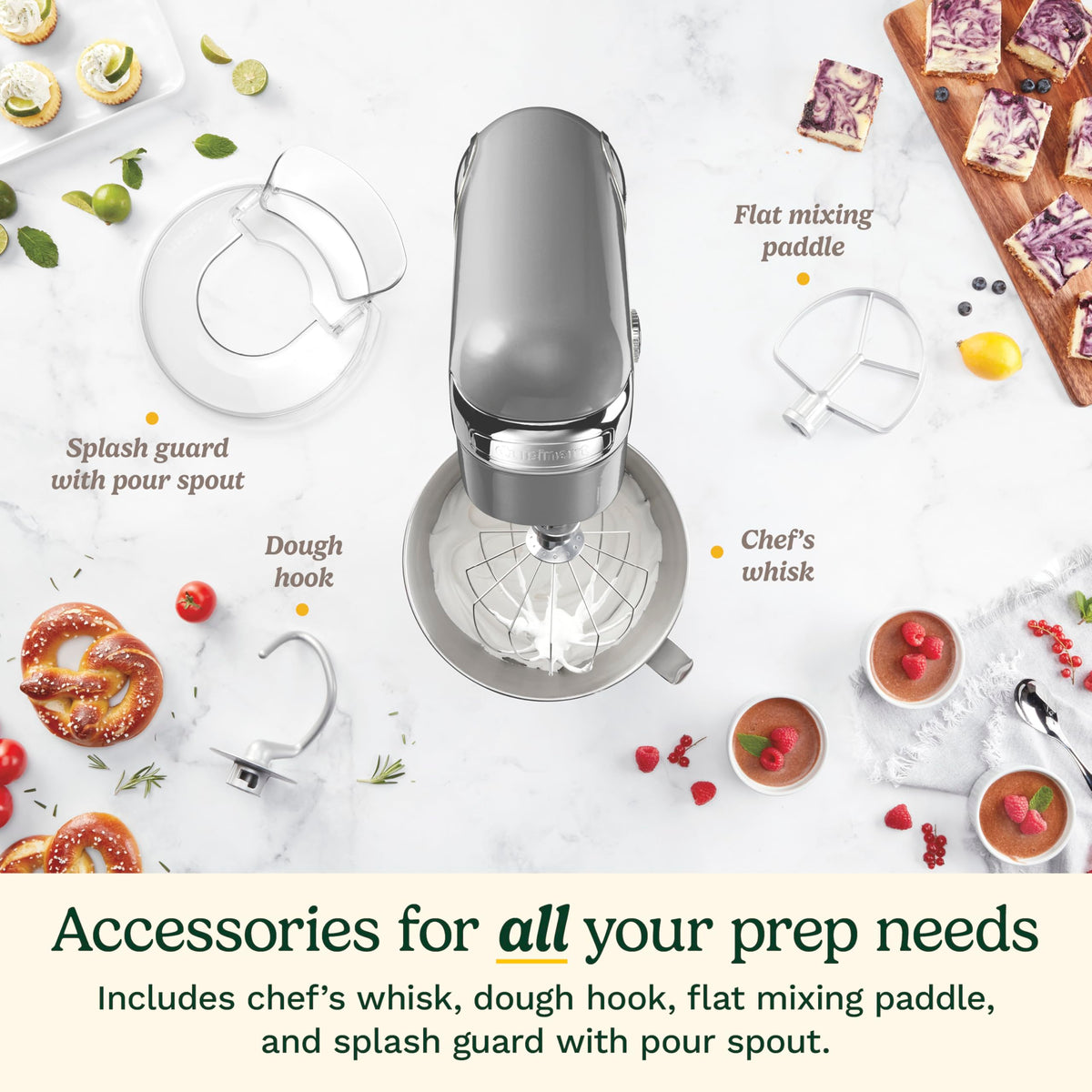 Included whisk, dough hook, and flat beater for a range of mixing tasks.
