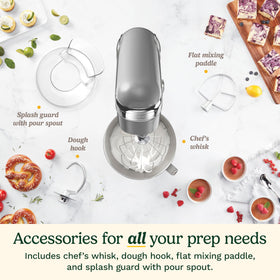 Included whisk, dough hook, and flat beater for a range of mixing tasks.