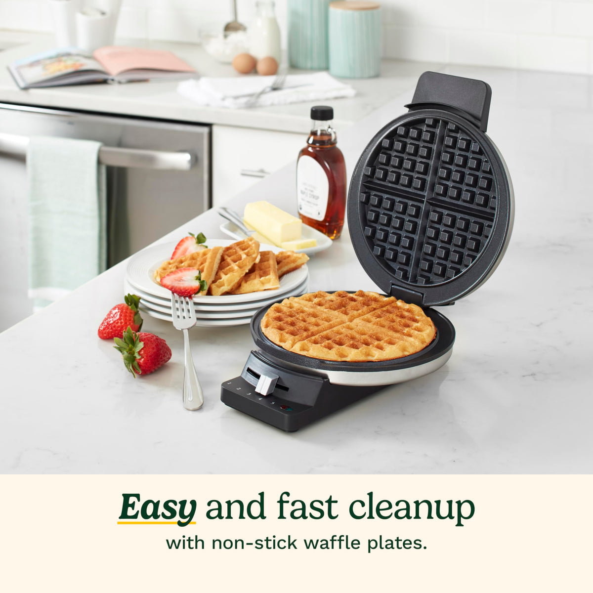 Cuisinart Waffle Maker ready indicator lights help prevent undercooking or overcooking.