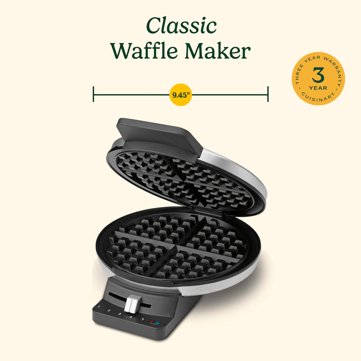 Cuisinart waffle-maker cord-wrap base keeps counter neat after use.