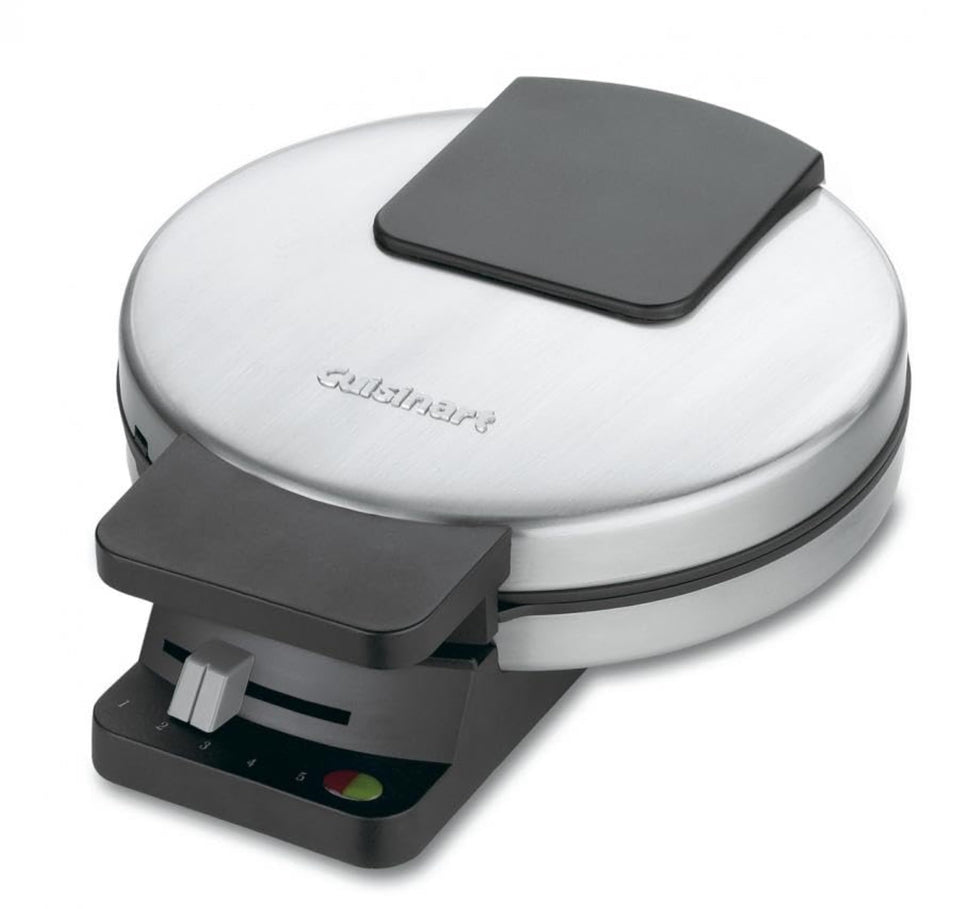 Cuisinart waffle-maker front view in brushed stainless steel with easy browning control.