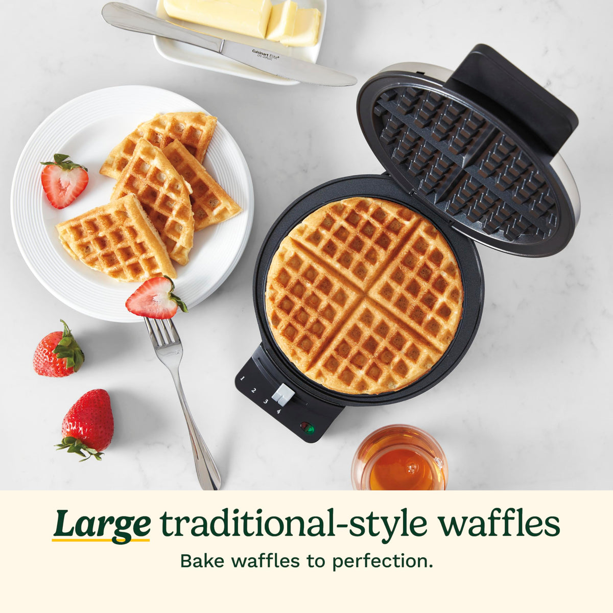 Cuisinart waffle-maker ready indicators show bake and eat readiness for consistent results.