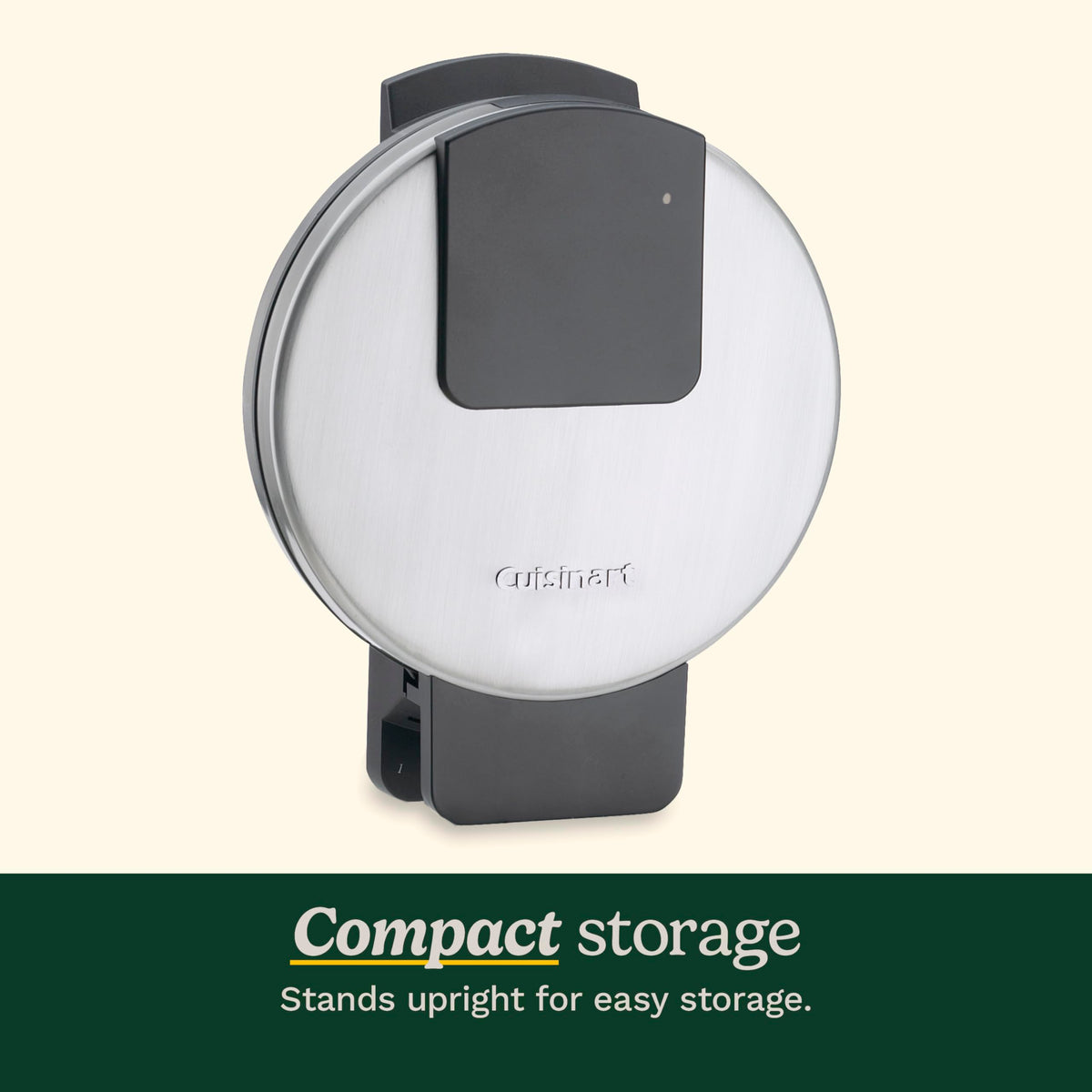 Cuisinart waffle-maker upright storage demonstrates space-saving design.