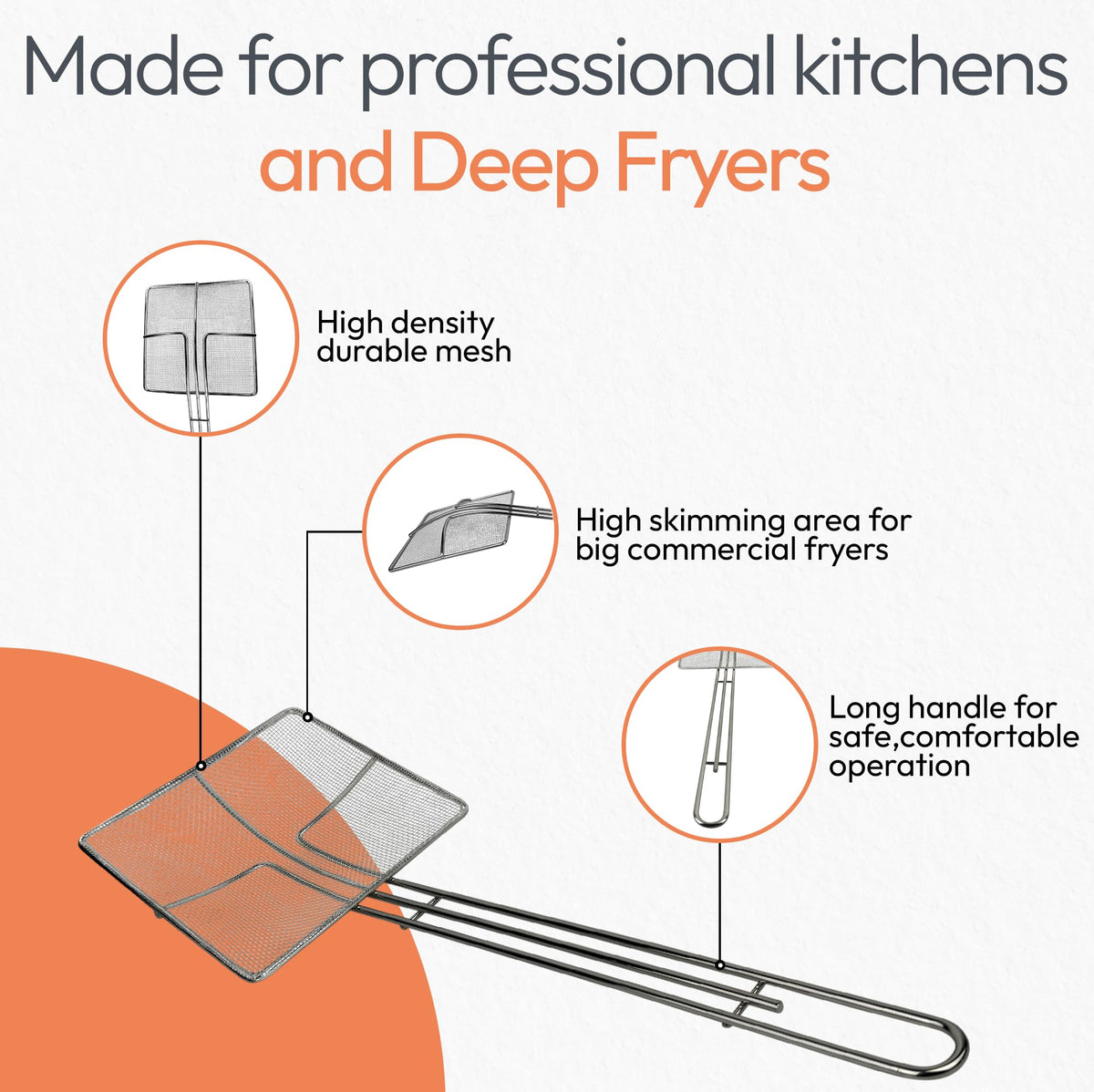 Cuisine Ready deep fryer strainer with ergonomic handle for safe, extended use.