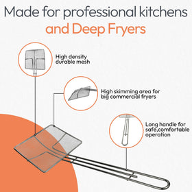 Cuisine Ready deep fryer strainer with ergonomic handle for safe, extended use.