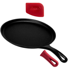 Cuisinel cast iron round griddle on stovetop for even heat and versatility