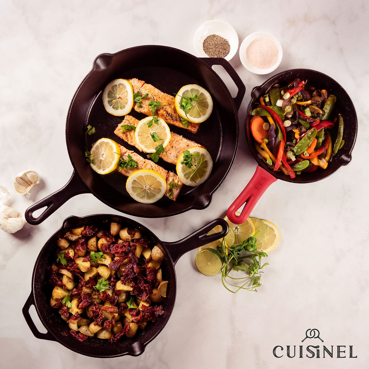 Cuisinel cast iron set on stove demonstrating indoor outdoor versatility.