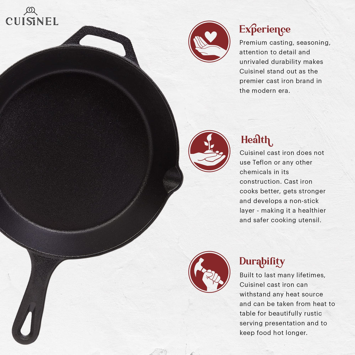 Cuisinel 12-inch cast iron skillet excels at grilling, searing, and braising.