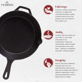 Cuisinel 12-inch cast iron skillet excels at grilling, searing, and braising.