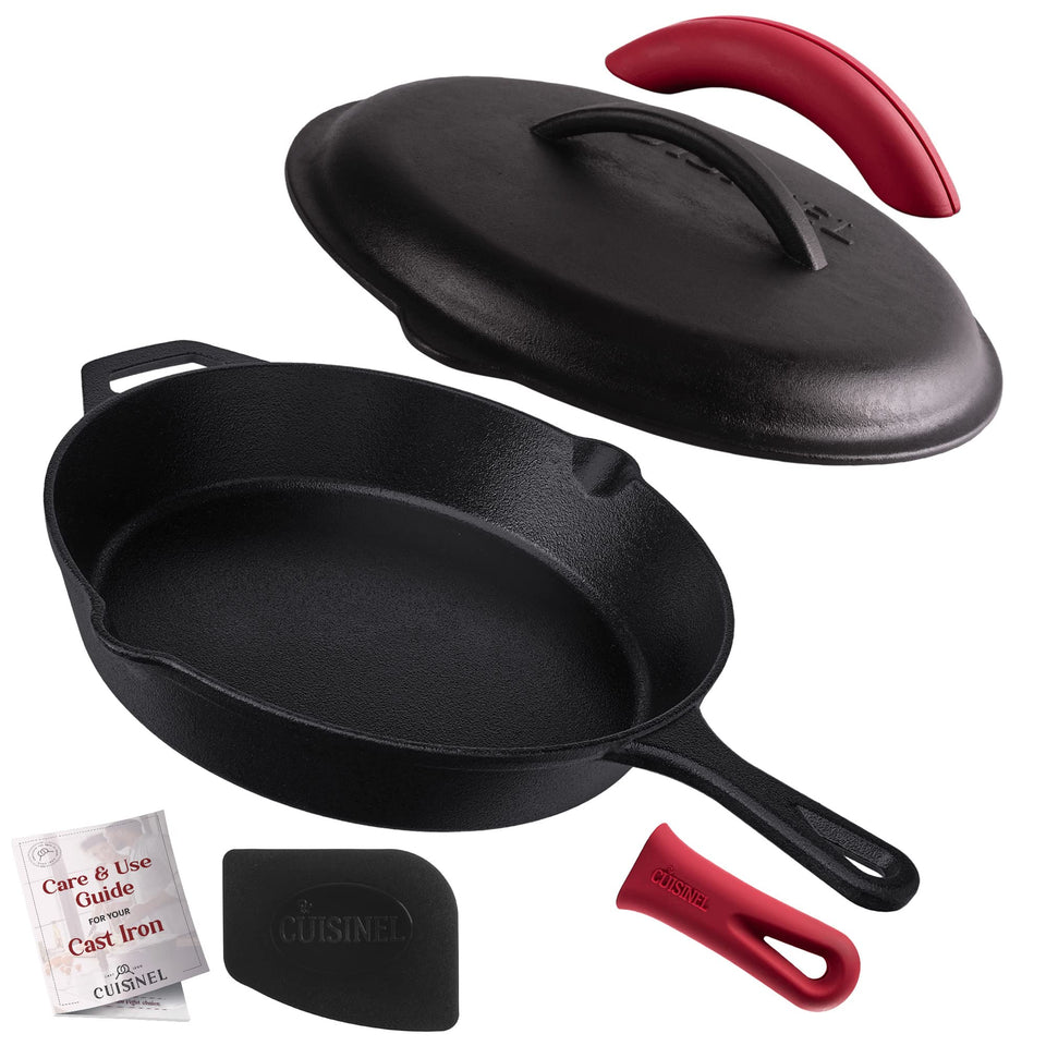 Cuisinel cast iron skillet with lid, 12-inch, even heat for perfect searing and versatility