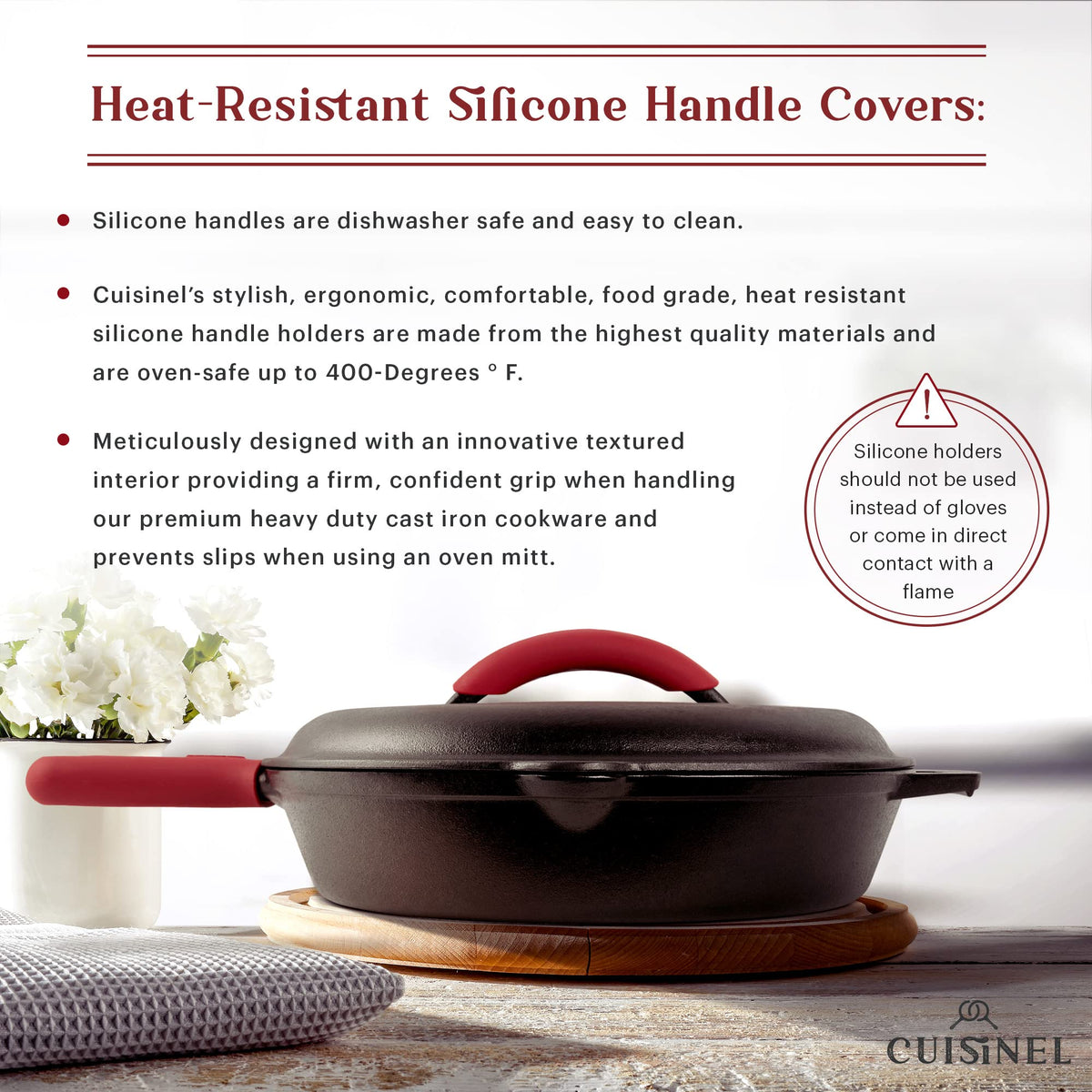 Cuisinel cast iron skillet on stove demonstrating reliable heating for searing