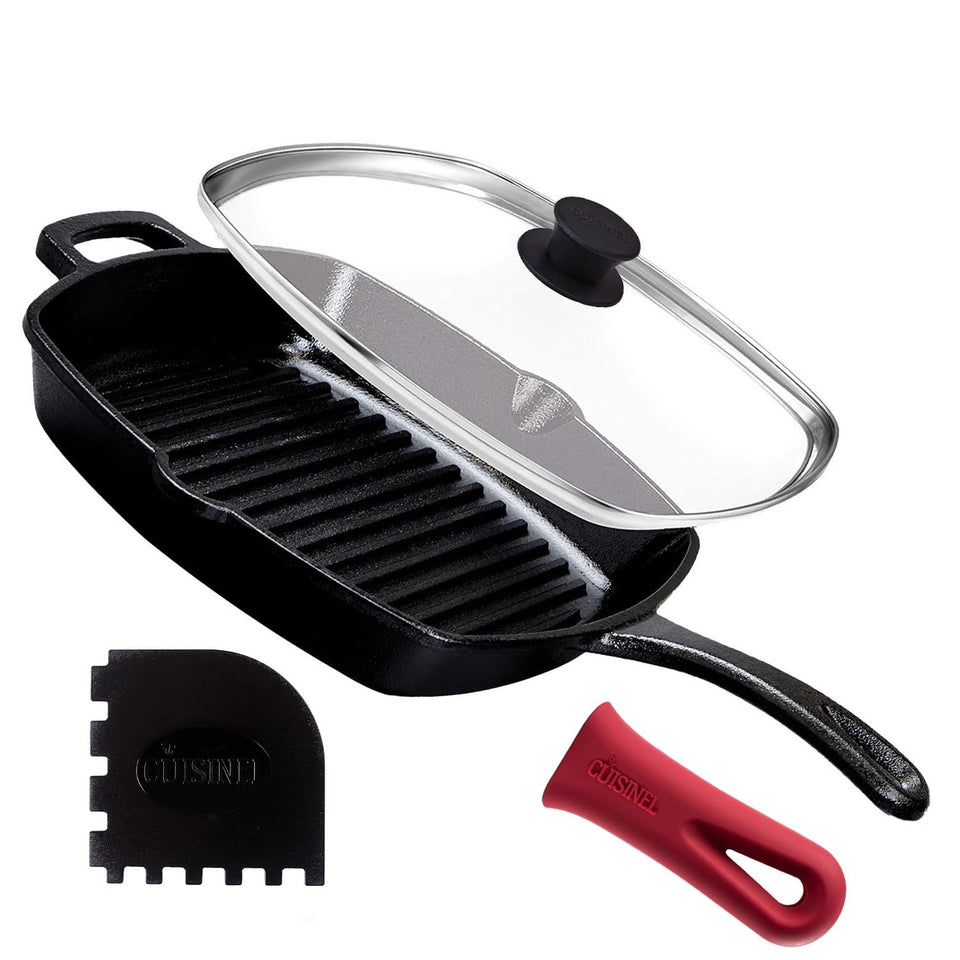 Cuisinel cast iron square grill pan top view for even searing.