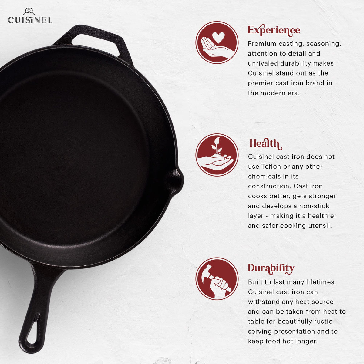 Cuisinel pre-seasoned cast iron skillet with durable finish for longevity