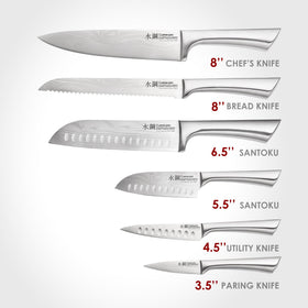 Cuisinepro Damashiro blade closeup showing Damascus-inspired edge pattern