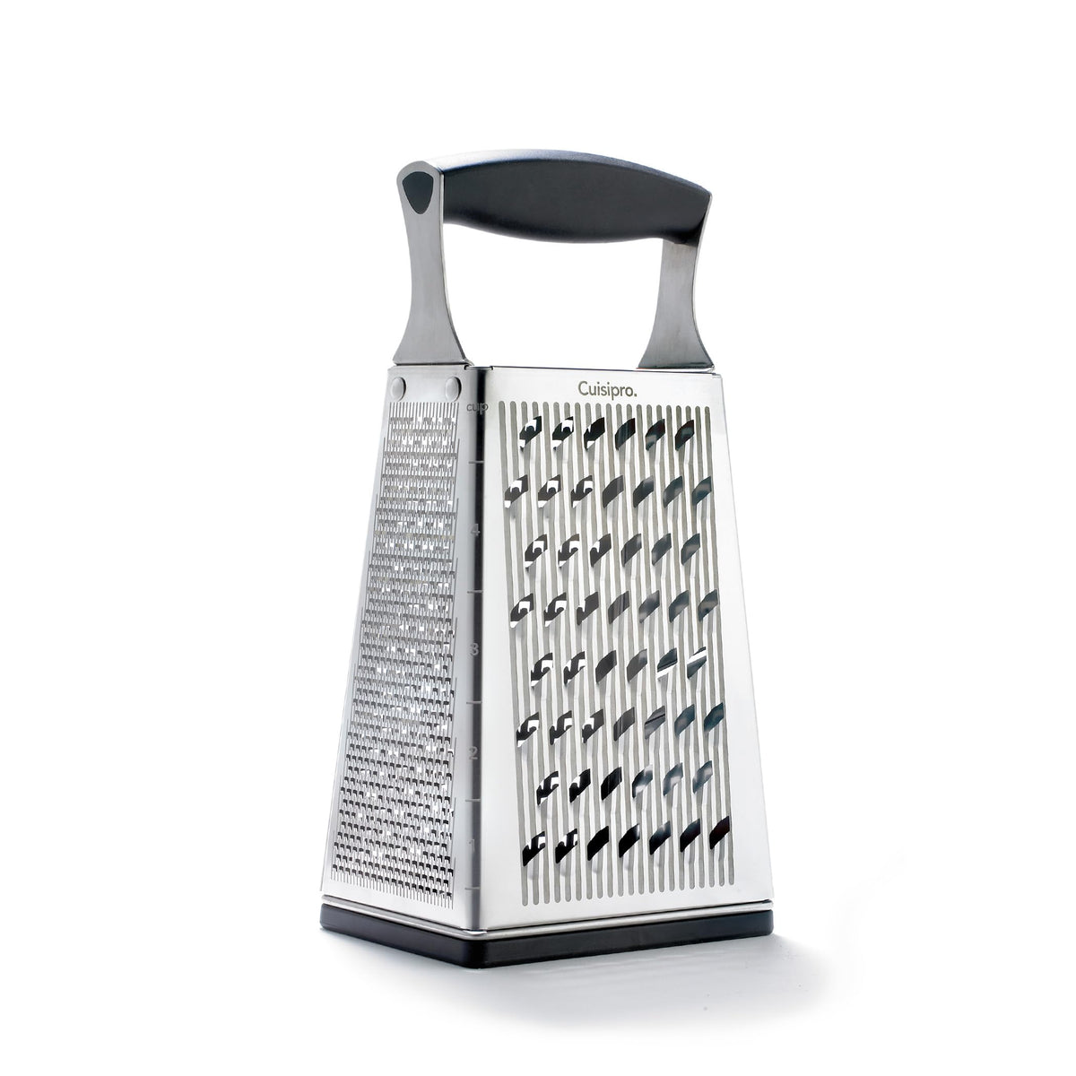 Cuisipro cheese grater with handle, four-sided blades for versatile shredding.