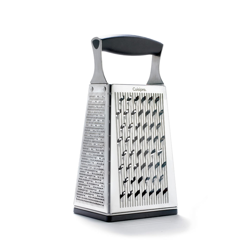 Cuisipro cheese grater with handle, four-sided blades for versatile shredding.