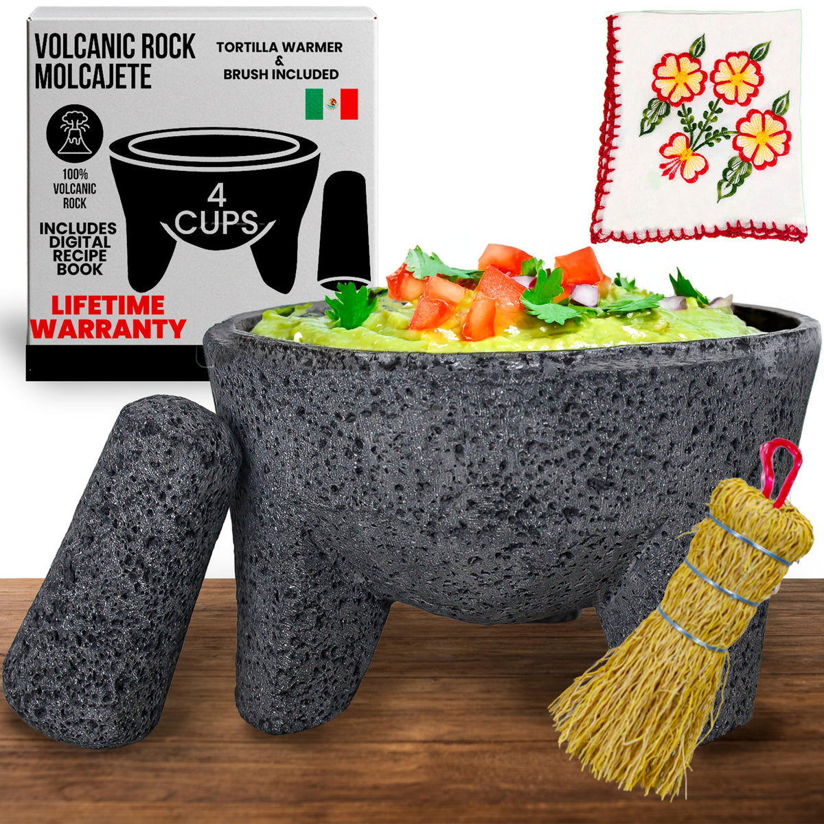 Cuitáxi Molcajete front view shows an 8-inch handcrafted mortar for authentic prep
