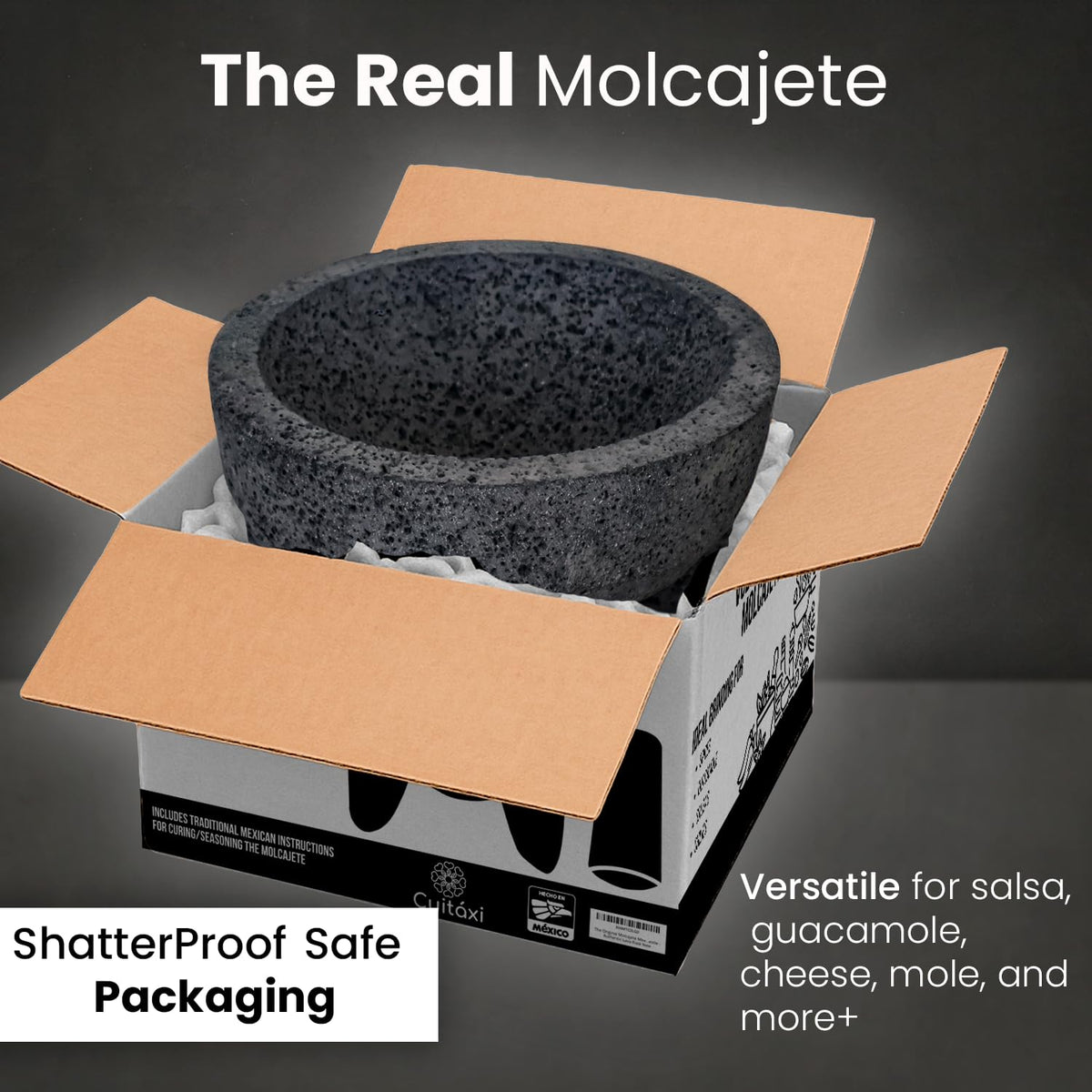 Cuitáxi molcajete lava rock close-up highlights natural texture ideal for grinding spices