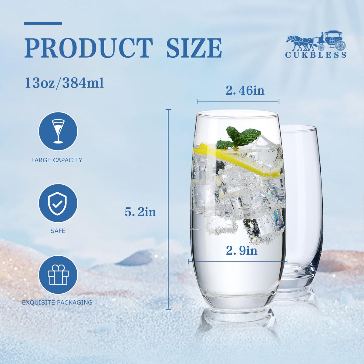 CUKBLESS tall glass designed for mojitos and iced beverages.