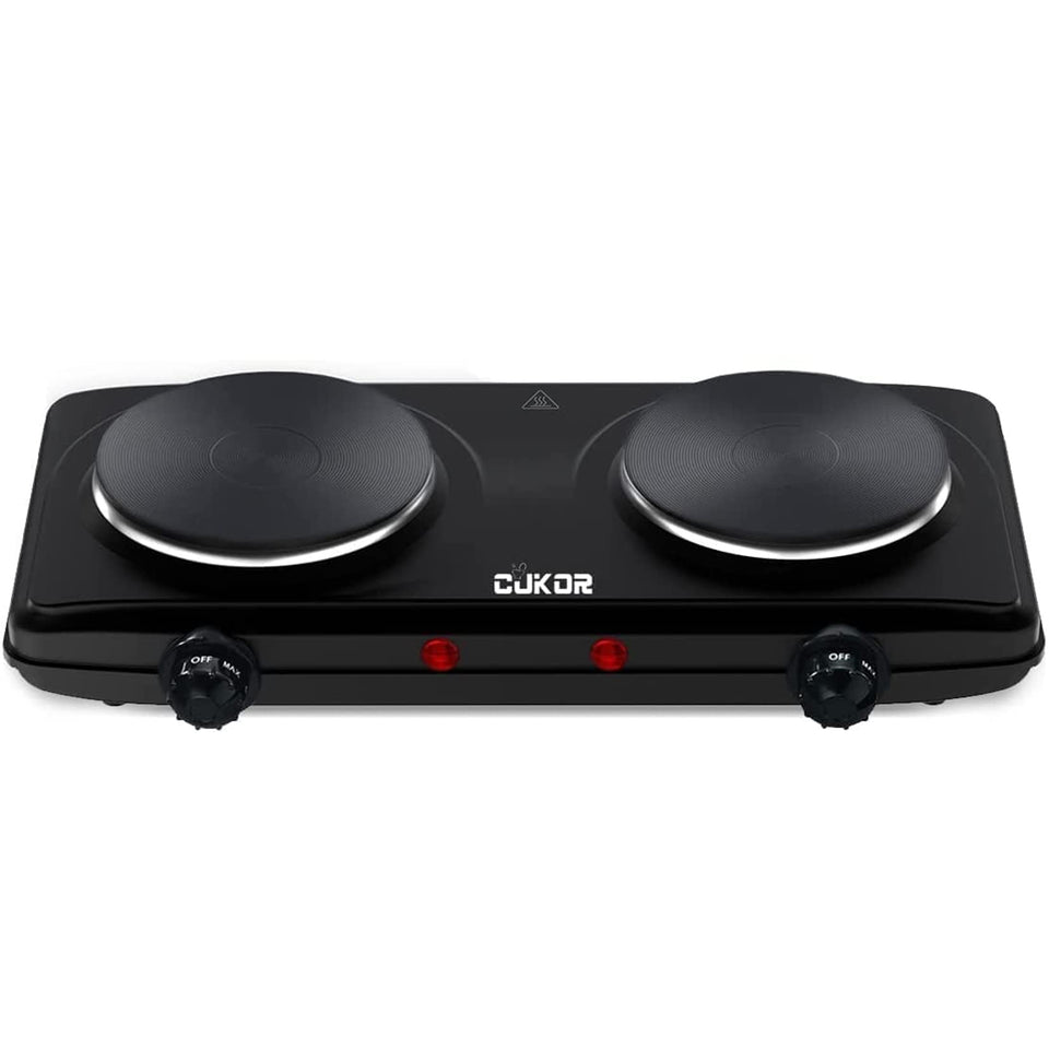 CUKOR double burner compact design on a counter for space-saving cooking.