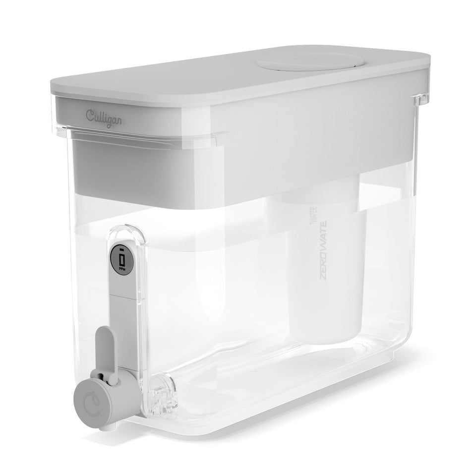 Culligan ZeroWater 32-cup dispenser on kitchen counter with filtration
