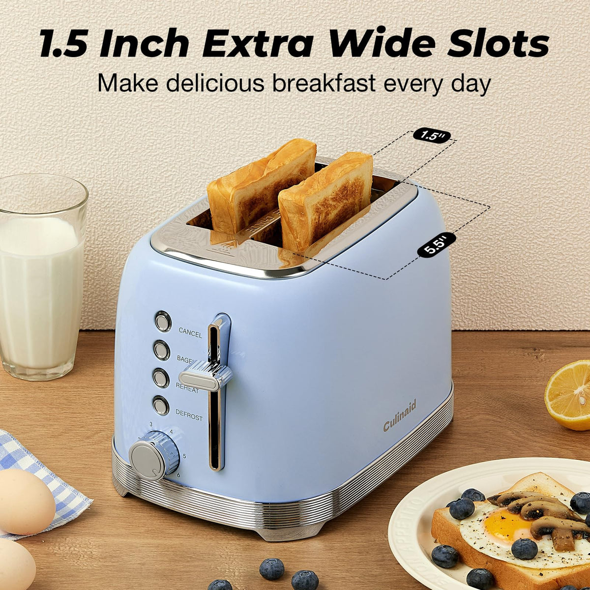 Culinaid 1.5-inch wide slots toaster ready to toast bagels and thicker breads.