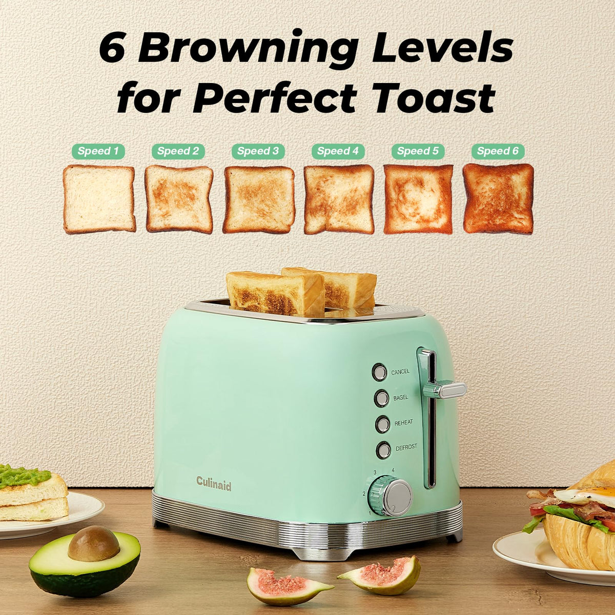 Culinaid 2 Slice aqua green bagel toast mode feature