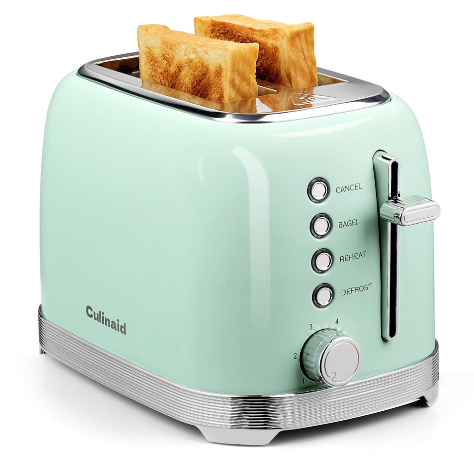 Culinaid 2 Slice Aqua Green front view shows durable stainless steel design