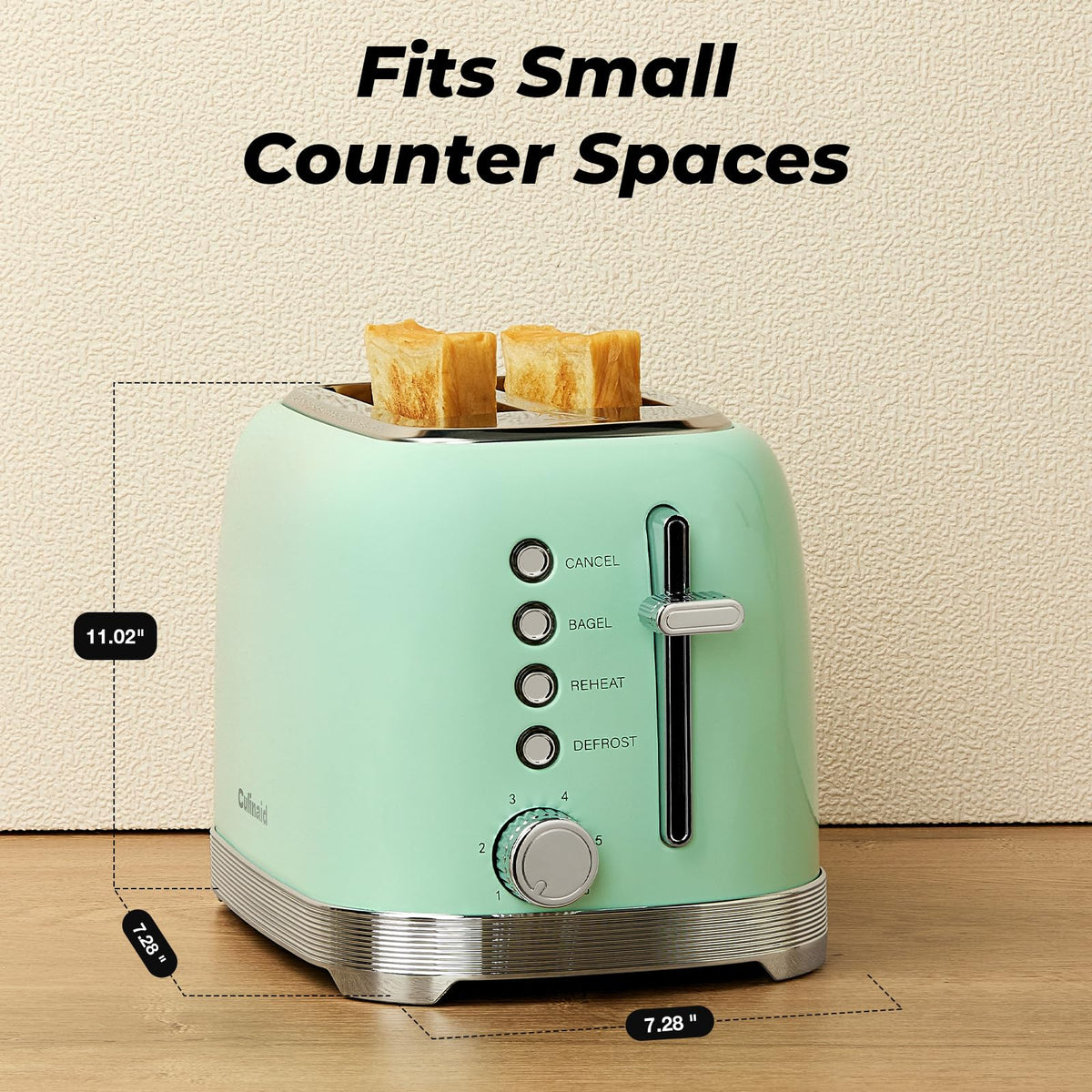 Culinaid 2 Slice aqua green rear view demonstrates compact footprint