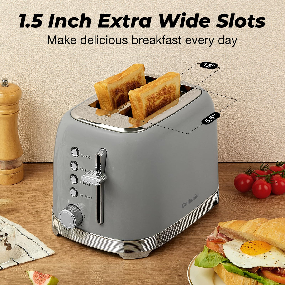 Culinaid toaster features bagel-slot design for even toasting.