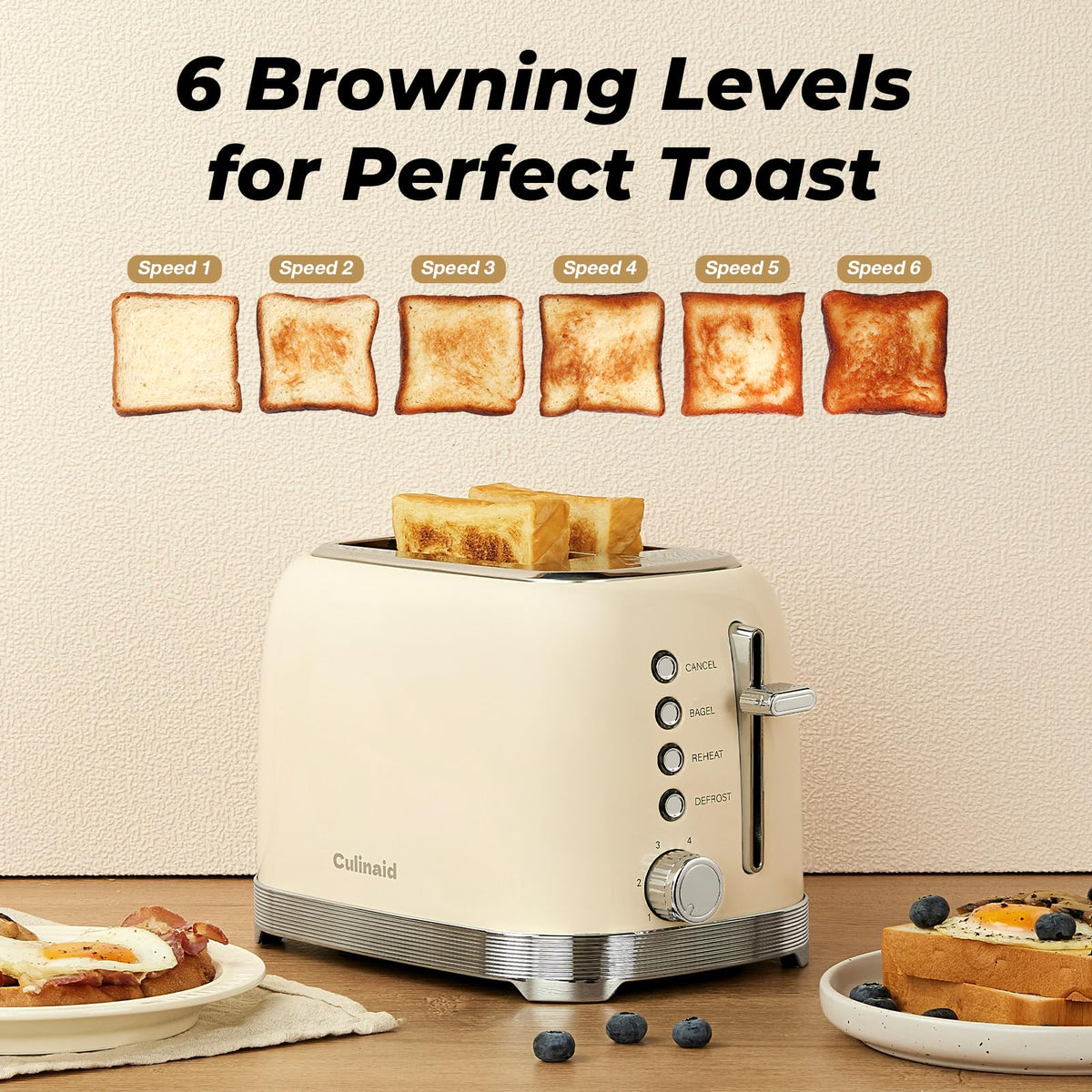 Culinaid 2 Slice defrost, reheat, and cancel functions streamline breakfast routines.