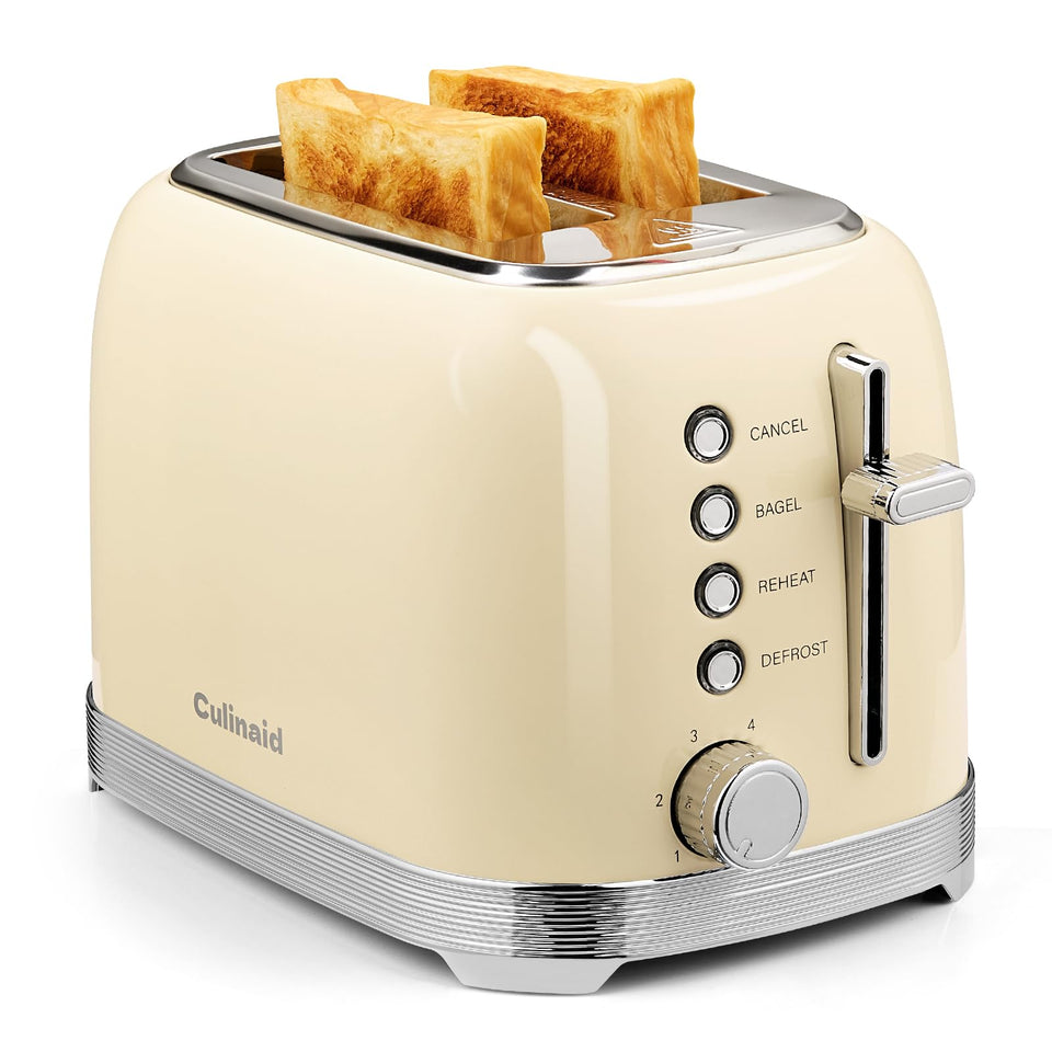 Culinaid 2 Slice toaster exterior in cream white shows retro steel design for a stylish kitchen.