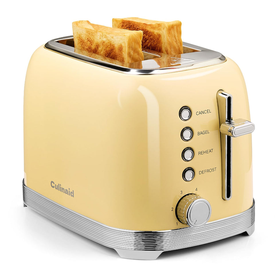 Culinaid Toaster 2 Slice in retro yellow stainless steel front view, durable and stylish.
