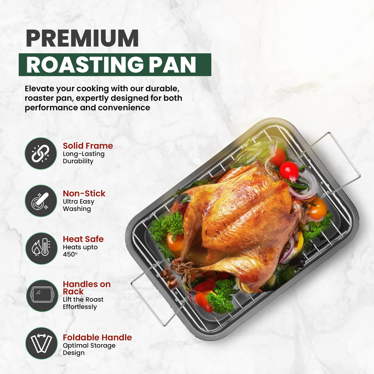 CULINARIN large roasting pan with rack – side view highlights foldable handles for compact storage.