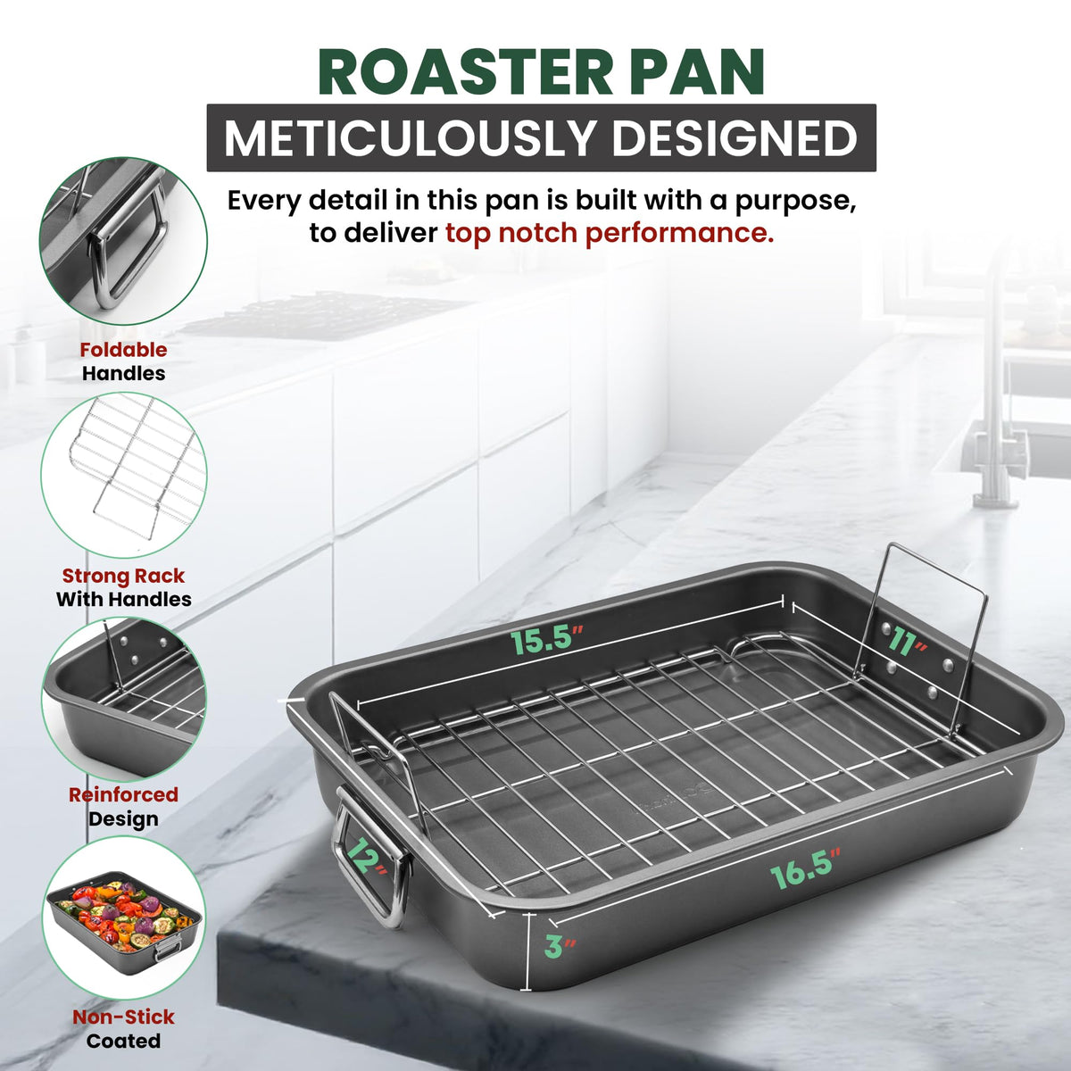 CULINARIN roasting pan 12x16 – dimensions shown for spacious oven roasting and even heat.