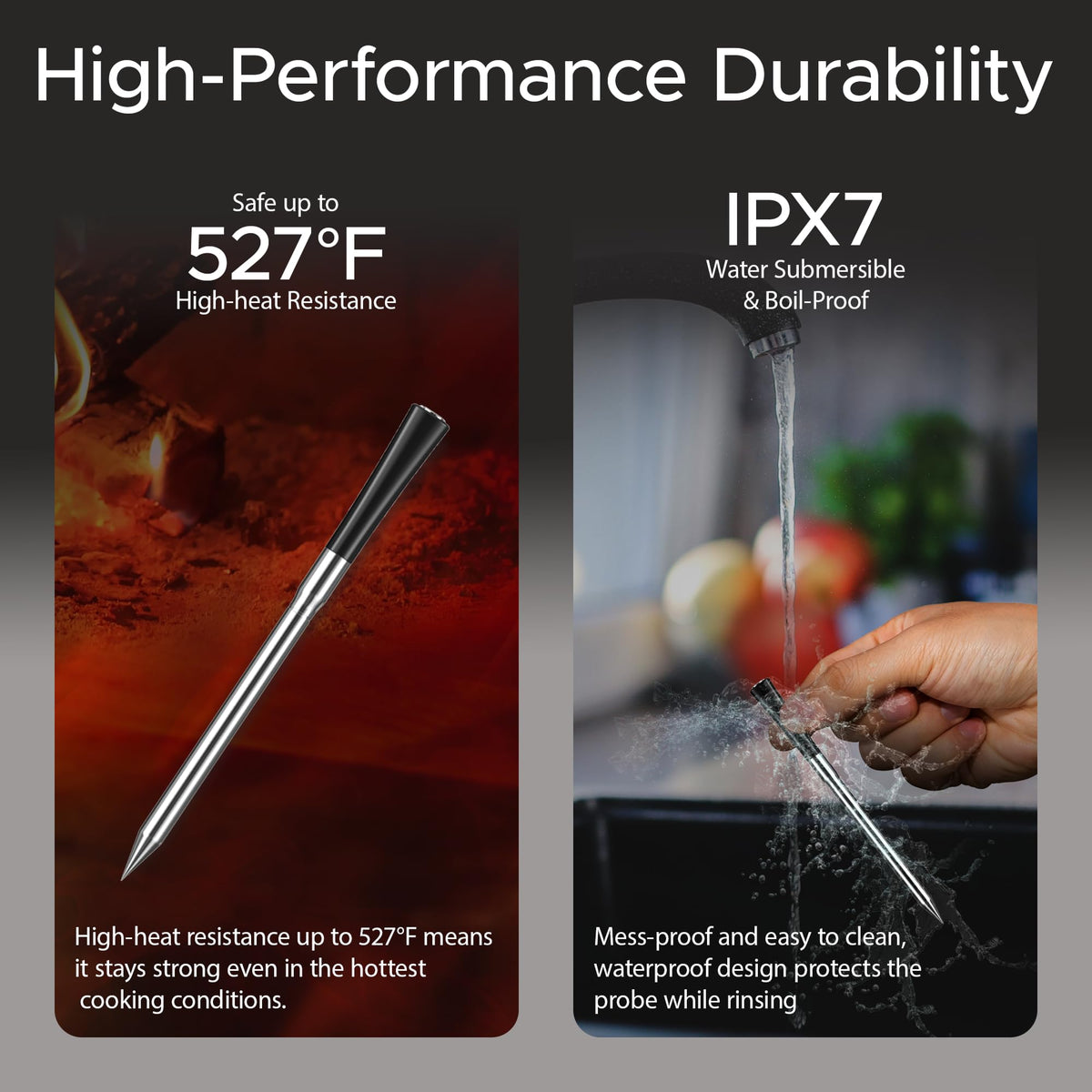 CulinaTech dual-sensor thermometer measures internal and ambient temps.