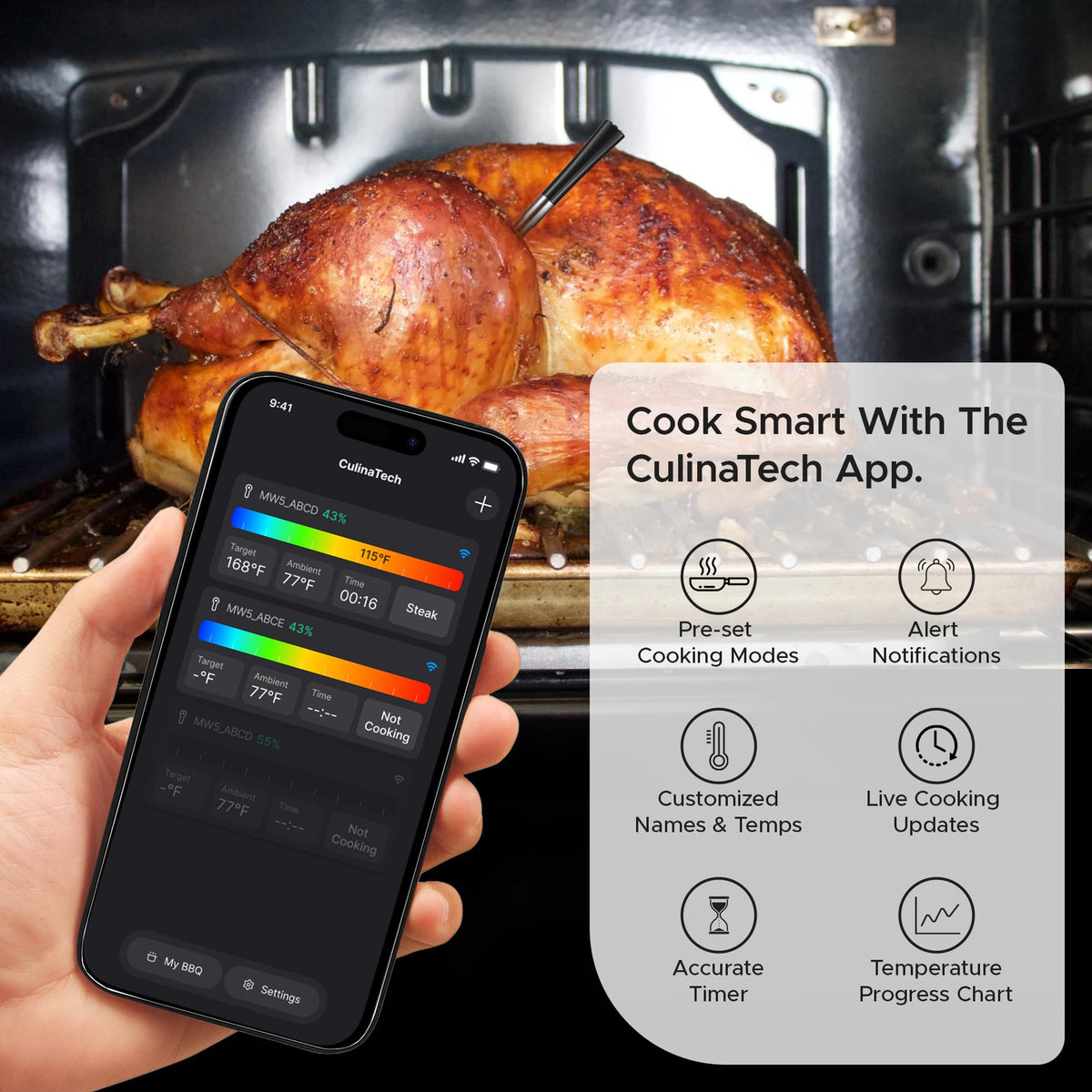 CulinaTech wireless meat probe enables accurate, wire-free cooking.